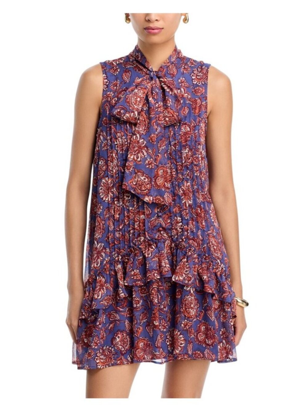 NWT Aqua Womens Printed Tie Neck Ruffle Dress Woven Lined IDO12895 Blue / Pink S